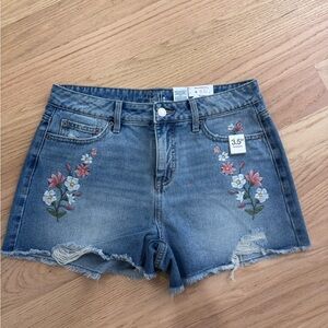 Time and Tru Blue Jean Shorts with Floral Embroidery